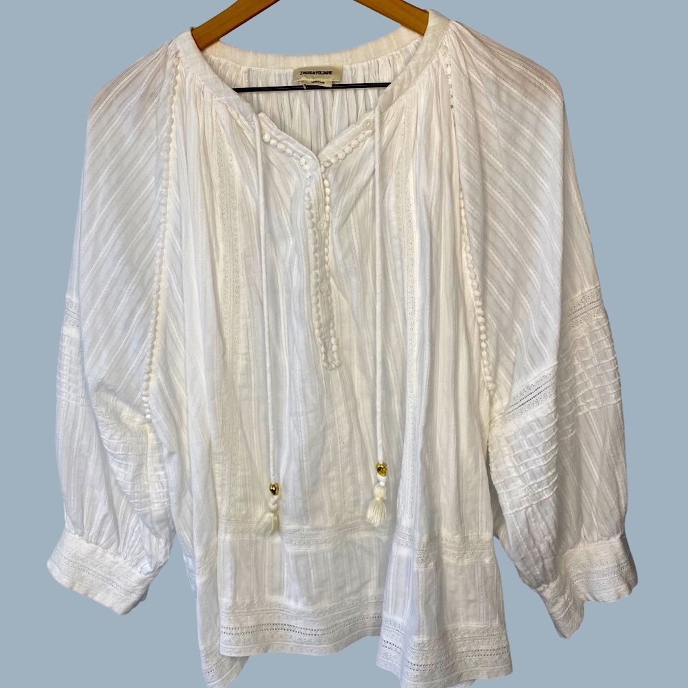 Zadig & voltaire white cotton drawstring peasant top size small